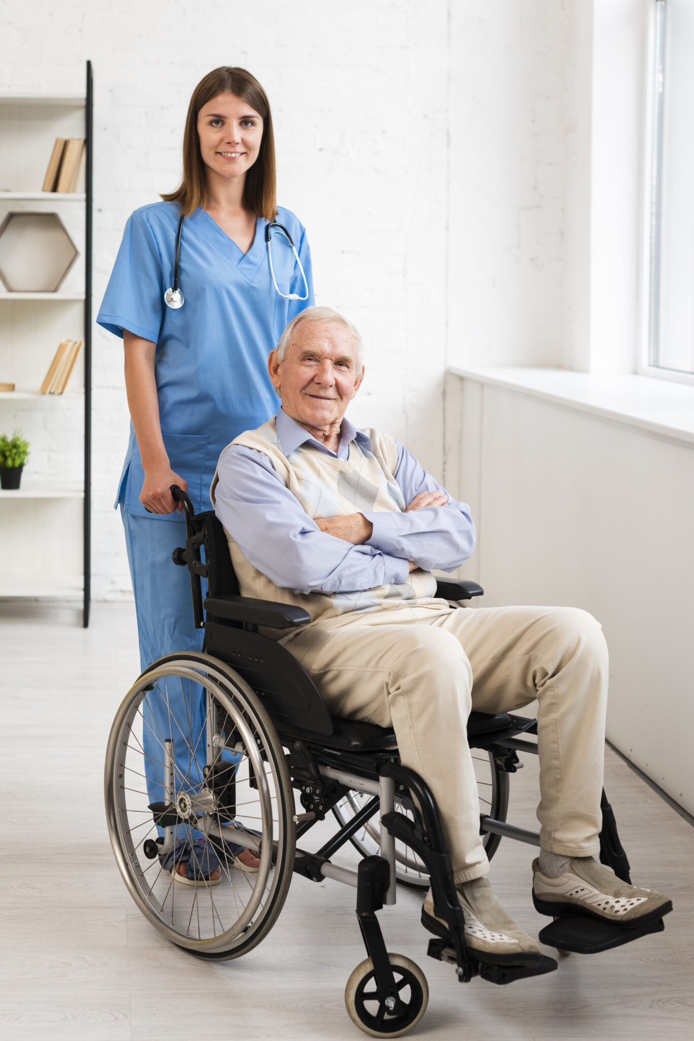 Home nurse old man posing while looking camera