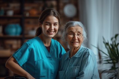 realistic scene with health worker taking care elderly patient